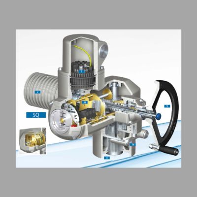 AUMA GS yarı dönüşlü vites kutusu ve SA çok dönüşlü modüler evrensel elektrikli aktüatörlü motorlu top valfi.