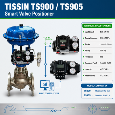 Tissin TS900 TS905 Akıllı Valf Pozisyonlayıcı Dijital Valf Kontrol Cihazı, 4-20mA DC Giriş Sinyalli, Ex db IIC T5/T6 Patlamaya Dayanıklı ve IP66 Korumalı
